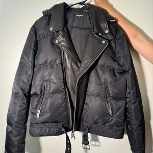 The Kooples Black Puffer Jacket with Leather Accents
